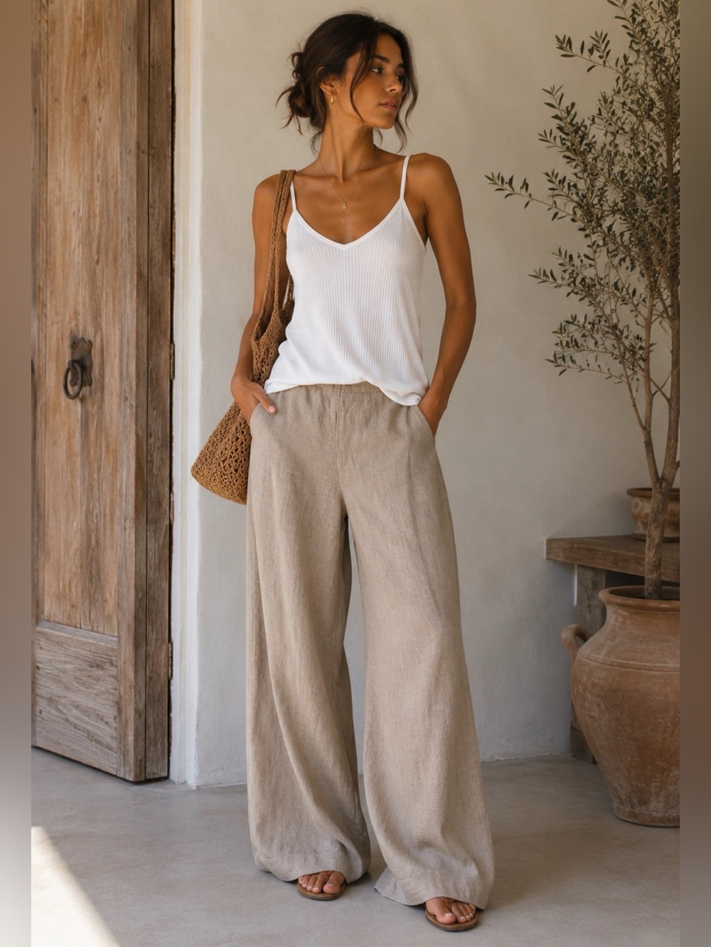 OSKA 100% Linen Wide Leg Pant Size 10 Oatmeal Flax Hi Rise Minimalist Lagenlook